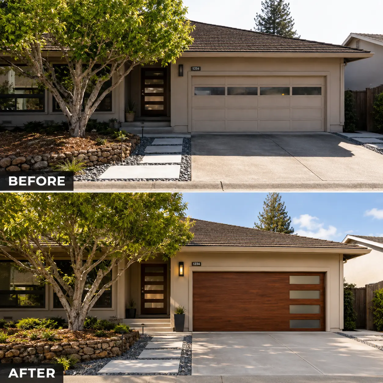 Garage door modernization before and after